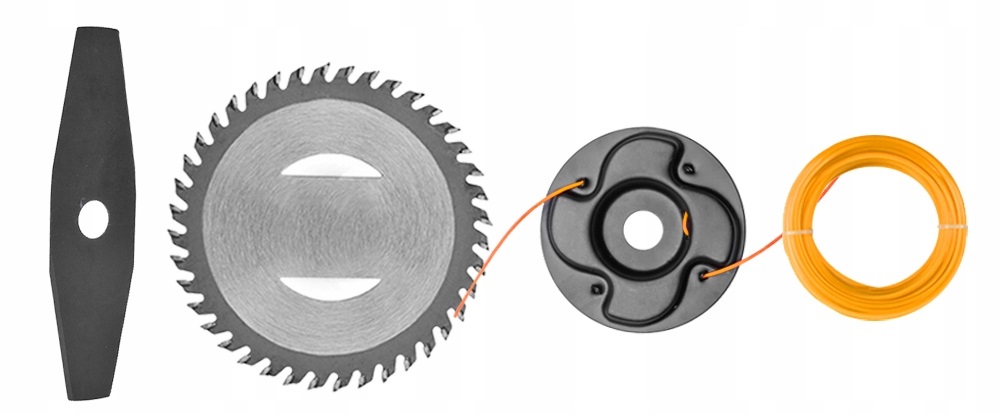 Ostrze trójramienne, tarcza z zębami/piła tarczowa, głowica tnąca/szpula z żyłką, żółta żyłka tnąca.
